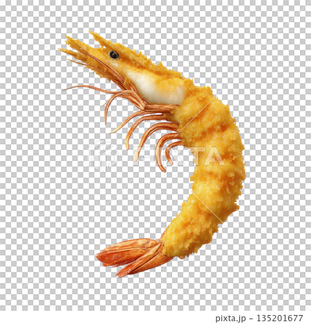 Fried breaded shrimp with crispy golden coating and visible tail, isolated on transparency background, delicious seafood snack 135201677