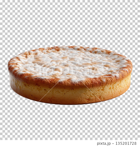 Soft round cake with powdered sugar topping, golden crust, and fluffy texture, perfect for delightful dessert or snack moment 135201728