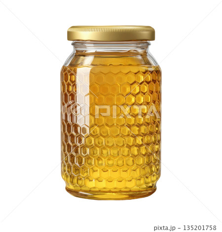 Golden honey in textured glass jar with metal lid, showcasing rich amber color and smooth consistency, perfect for sweetening food 135201758