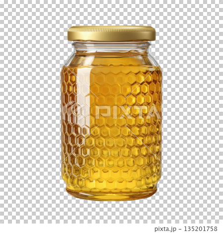 Golden honey in textured glass jar with metal lid, showcasing rich amber color and smooth consistency, perfect for sweetening food 135201758