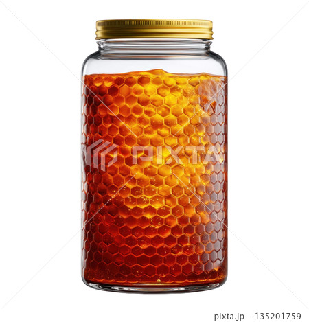 Honeycomb jar honey glass jar golden honey natural sweetener hexagonal pattern close up transparent container food preservation organic product 135201759