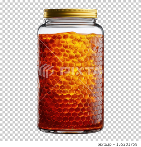 Honeycomb jar honey glass jar golden honey natural sweetener hexagonal pattern close up transparent container food preservation organic product 135201759