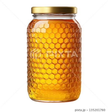 Honey jar with golden lid and hexagonal pattern glass container filled with rich amber honey, showcasing natural sweetness and texture 135201760