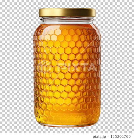 Honey jar with golden lid and hexagonal pattern glass container filled with rich amber honey, showcasing natural sweetness and texture 135201760
