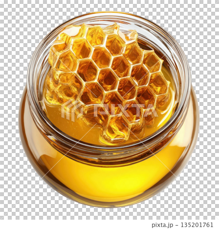 Honeycomb in glass jar filled with golden honey, showcasing natural texture and rich amber color, evoking sweetness and freshness 135201761