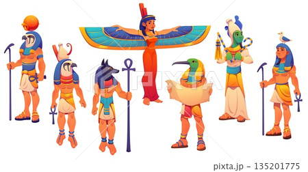 Ancient Egypt gods and goddess. Vector Ra sun god, Horus falcon headed, Anubis guardian of dead and Isis winged goddess. Cartoon Thoth scribe god with ibis head, Osiris lord of afterlife, Egypt deity 135201775