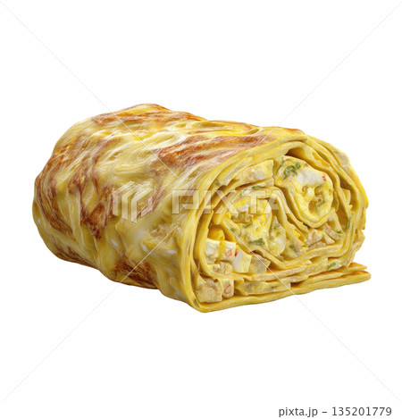 Rolled egg crepe filled with creamy mixture and vegetables, showcasing golden brown texture and appetizing layers 135201779