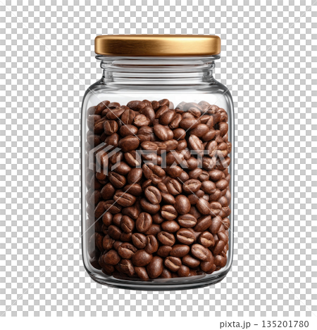 Glass jar filled with roasted coffee bean with golden lid, isolated on transparency background, fresh and aromatic 135201780