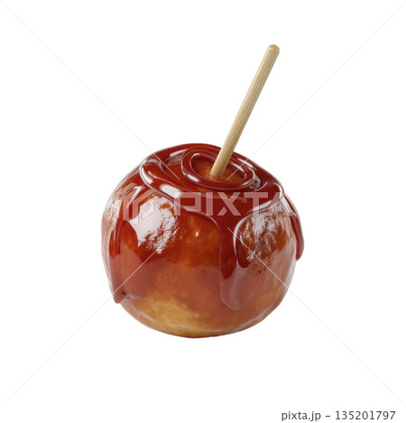 Caramel apple with wooden stick, glossy sweet candy coating dripping over fresh fruit, delicious treat for festive occasions Caramel apple with wooden stick, glossy sweet candy coating dripping over fresh fruit, delicious treat for festive occasions 135201797