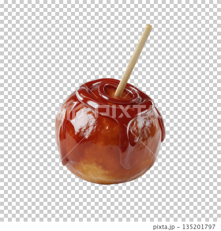 Caramel apple with wooden stick, glossy sweet candy coating dripping over fresh fruit, delicious treat for festive occasions Caramel apple with wooden stick, glossy sweet candy coating dripping over fresh fruit, delicious treat for festive occasions 135201797