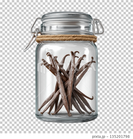 Vanilla bean pods stored in clear glass jar with metal clasp and rope detail, showcasing natural brown spice for cooking and baking 135201798