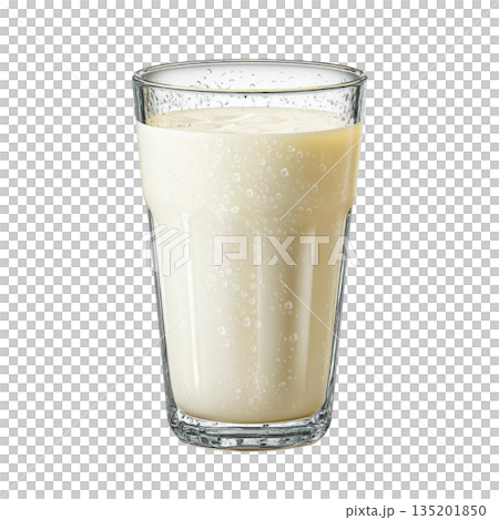 Glass of cold milk with water droplets on surface, refreshing dairy drink in transparent container, isolated on transparency background 135201850