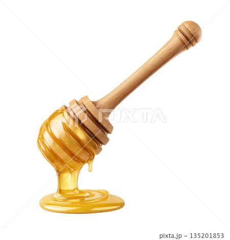 Honey dipper with golden honey dripping and pooling below, showcasing smooth texture and natural wooden handle design 135201853