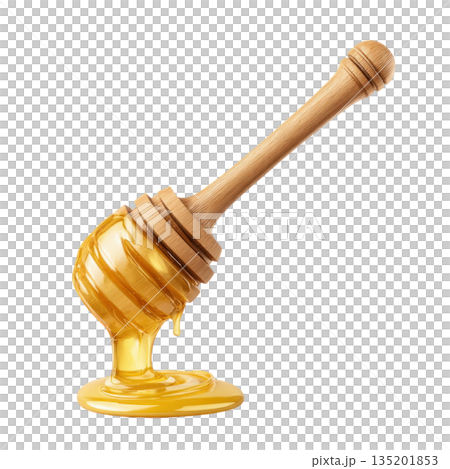 Honey dipper with golden honey dripping and pooling below, showcasing smooth texture and natural wooden handle design 135201853