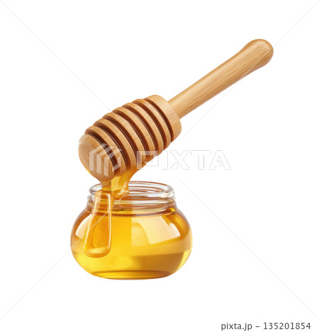 Honey dripping from wooden dipper into glass jar, golden liquid sweetness with smooth texture and natural glow 135201854