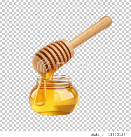 Honey dripping from wooden dipper into glass jar, golden liquid sweetness with smooth texture and natural glow 135201854