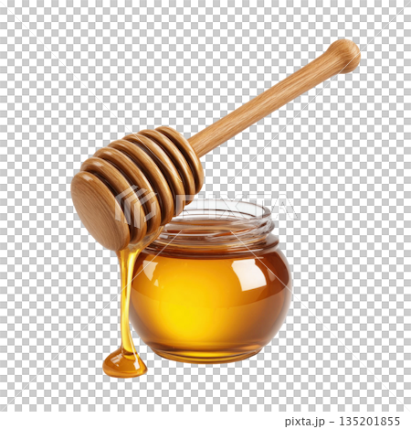 Golden honey dripping from wooden dipper into glass jar, showcasing smooth texture and rich color 135201855