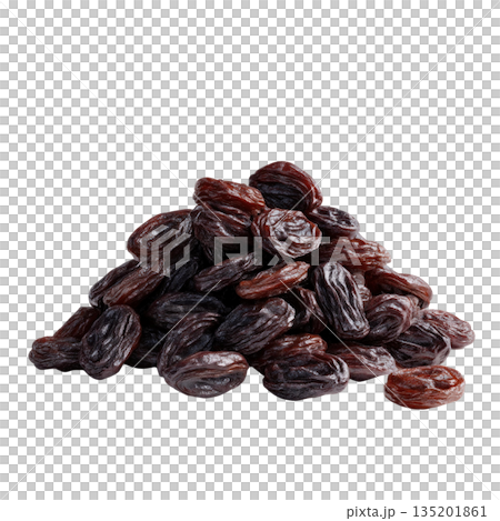 Pile of dried raisins with rich dark brown color and wrinkled texture, perfect for baking or snacking 135201861