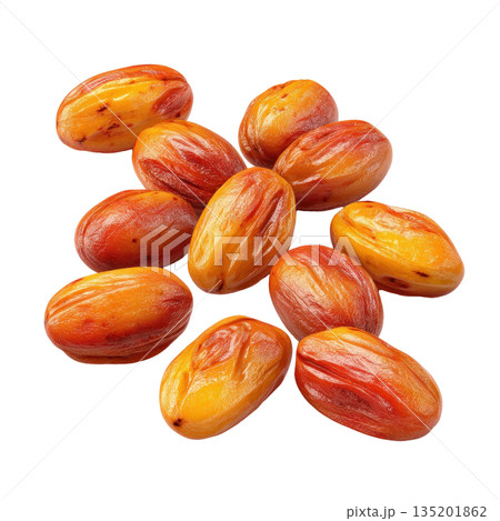 Close up of fresh ripe date fruit with glossy orange and red skin, showing natural texture and vibrant colors 135201862
