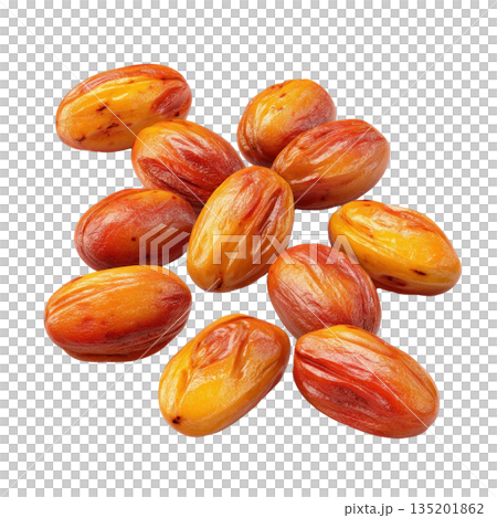 Close up of fresh ripe date fruit with glossy orange and red skin, showing natural texture and vibrant colors 135201862
