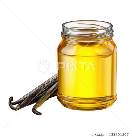 Glass jar filled with golden vanilla extract and two vanilla pods placed beside it, showcasing natural flavoring ingredient 135201867