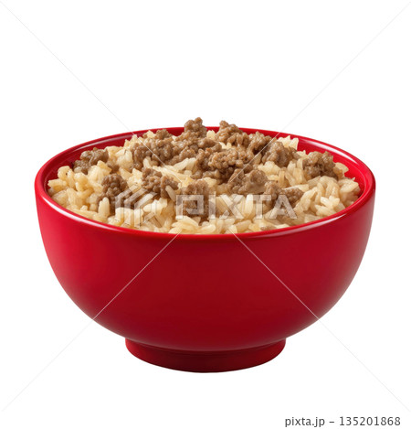 Cooked rice with ground beef served in red bowl, simple and hearty meal with savory flavor and comforting texture 135201868