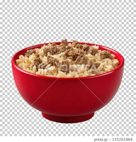 Cooked rice with ground beef served in red bowl, simple and hearty meal with savory flavor and comforting texture 135201868