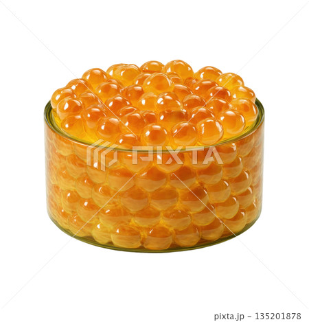 Orange translucent spheres fill clear glass container, glowing with shiny, smooth surface and vibrant color, creating visually appealing texture 135201878
