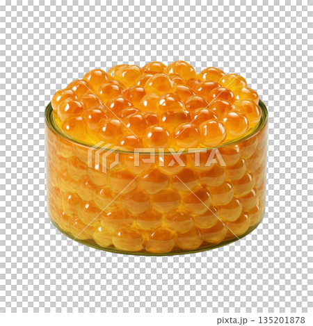 Orange translucent spheres fill clear glass container, glowing with shiny, smooth surface and vibrant color, creating visually appealing texture 135201878