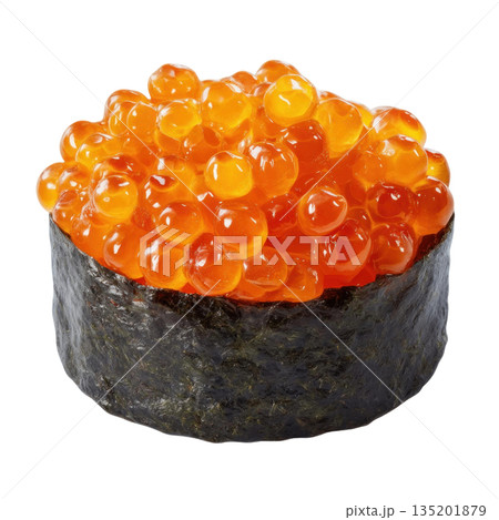 Salmon roe sushi with shiny orange fish eggs wrapped in dark seaweed, offering fresh and appetizing seafood delicacy 135201879