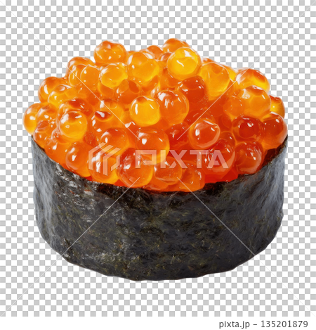 Salmon roe sushi with shiny orange fish eggs wrapped in dark seaweed, offering fresh and appetizing seafood delicacy 135201879