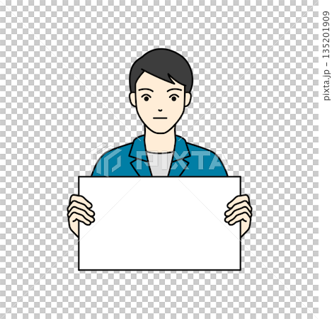 一名身穿工作服的男性工作人員神情嚴肅地拿著一塊白色公告板。 135201909