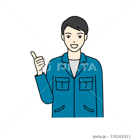 笑顔でグッドポーズをしておすすめする作業着姿の男性店員 笑顔でグッドポーズをしておすすめする作業着姿の男性店員 135201911