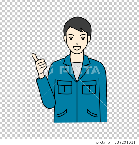 笑顔でグッドポーズをしておすすめする作業着姿の男性店員 笑顔でグッドポーズをしておすすめする作業着姿の男性店員 135201911