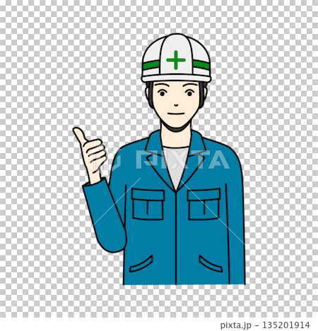 一名戴著安全帽、表情平靜的男工人正比劃著手勢，表示一切順利。 135201914
