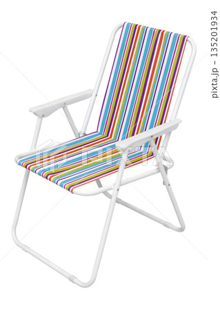 Folding beach chair, white steel framework, multicolor striped fabric seat Folding beach chair, white steel framework, multicolor striped fabric seat 135201934