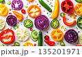 Vibrant Harvest: Artistic Sliced Vegetable Flat La 135201971