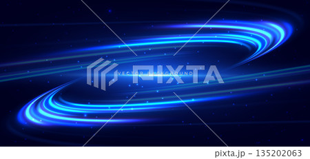 Hi-speed blue neon curve beams rays on dark blue background. Hi-speed blue neon curve beams rays on dark blue background. 135202063