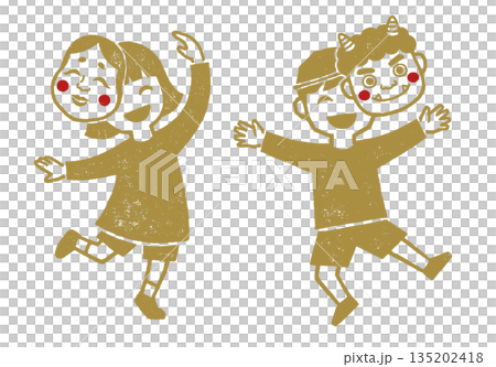 一組印刷風格的插畫，描繪了男孩女孩們享受節分的情景（向量圖） 135202418