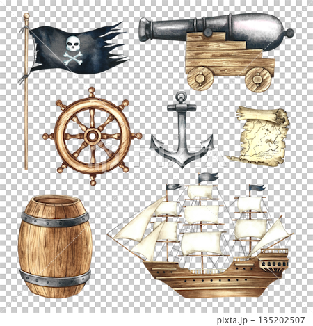 Marine, pirate set. Hand-drawn watercolor illustration. Sailing ship, ship cannon, steering wheel, anchor, pirate flag, and other marine elements. For postcards, posters, flyers, and more. Marine, pirate set. Hand-drawn watercolor illustration. Sailing ship, ship cannon, steering wheel, anchor, pirate flag, and other marine elements. For postcards, posters, flyers, and more. 135202507