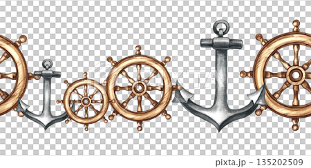 Seamless border with ship anchors and rudders. Hand-drawn watercolor illustrations. For textiles and postcards, posters and banners, packaging, and more. Seamless border with ship anchors and rudders. Hand-drawn watercolor illustrations. For textiles and postcards, posters and banners, packaging, and more. 135202509