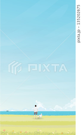 Man with his dog at seashore in summer vector illustration vertical shape. Seascape and blue sky flat design background. Man with his dog at seashore in summer vector illustration vertical shape. Seascape and blue sky flat design background. 135202675