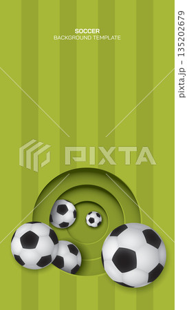 3D vector illustration of soccer balls in circle frame paper cut style with soccer field background have blank space. Football concept background. 3D vector illustration of soccer balls in circle frame paper cut style with soccer field background have blank space. Football concept background. 135202679