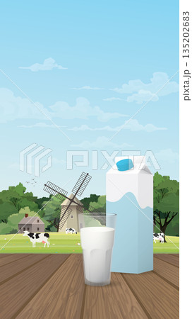 A glass of milk with milk package on wooden table have old farm windmill and livestock background. Dairy product concept vector illustration vertical shape have blank space. A glass of milk with milk package on wooden table have old farm windmill and livestock background. Dairy product concept vector illustration vertical shape have blank space. 135202683