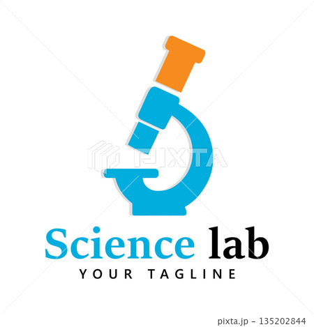 Science Lab Icon Logo Design with Blue Microscope and Orange Eyepiece Vector 135202844