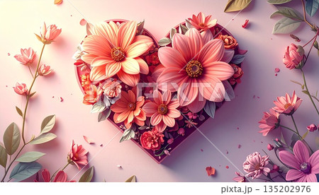 ハート型のボックスに敷き詰められたピンクの花々。感謝の気持ちを伝える母の日や誕生日のギフトイメージ 135202976