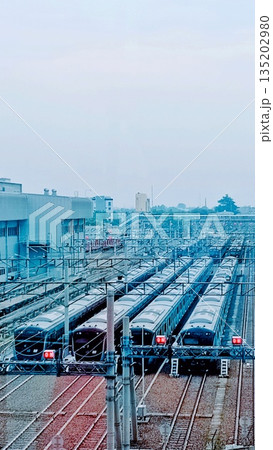 Trains Parked in a Railway Depot Under an Overcast Sky 135202980