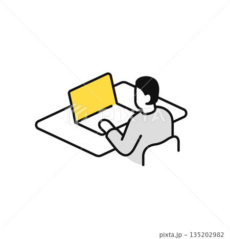 コワーキングスペースでノートパソコンを操作する男性のシンプルなベクターアイコンイラスト 135202982
