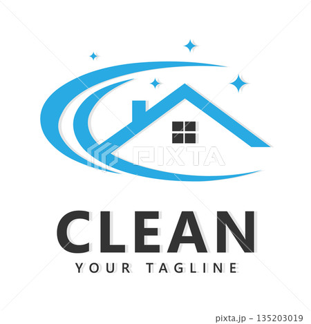 Cleaning Service Icon Logo Design with Blue House Swooshes and Sparkling Stars Vector 135203019