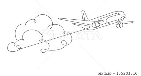 An airplane flying in the clouds. Around the world trip .Continuous line drawing. Vector illustration . An airplane flying in the clouds. Around the world trip .Continuous line drawing. Vector illustration . 135203510